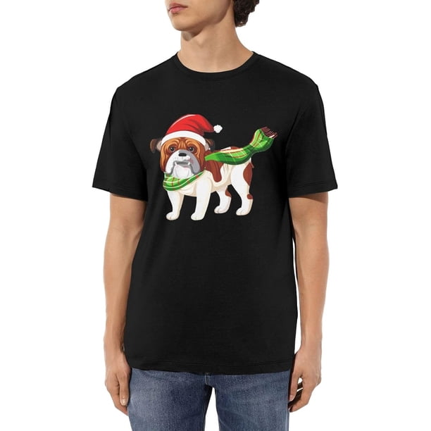 A Christmas Bulldog Wearing Christmas Hat Men's Cotton T-Shirts Casual Crew Neck Tshirts Short Sleeve Tee Shirts,