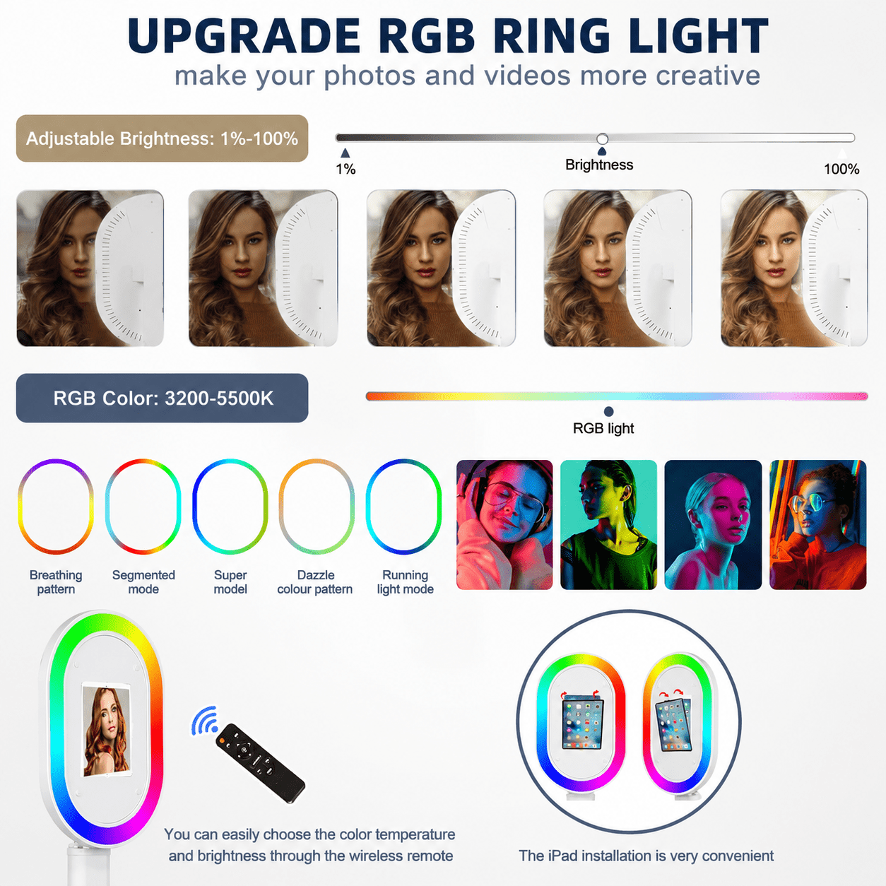 Portable iPad Photo Booth Stand with RGB Ring Light - Compatible with 10.2" to 13" iPad Pro/Air, Party Selfie Station for Weddings & Corporate Events (White/Flight Case)​