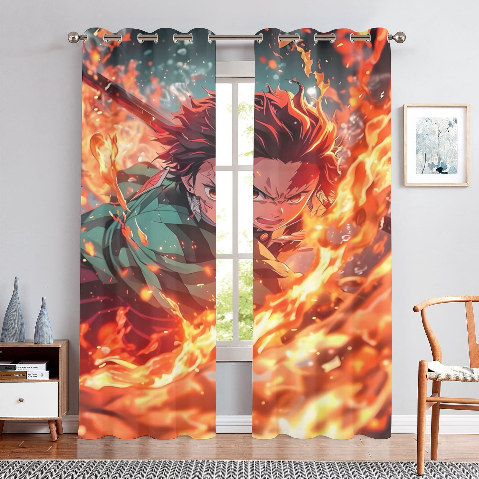 Anime Curtains for Bedroom Drapes Slayer Tanjirou Inosuke Kyoujurou Print Design Window Treatments Curtain Panel Set, 2-Panels, 42" W x 63" L