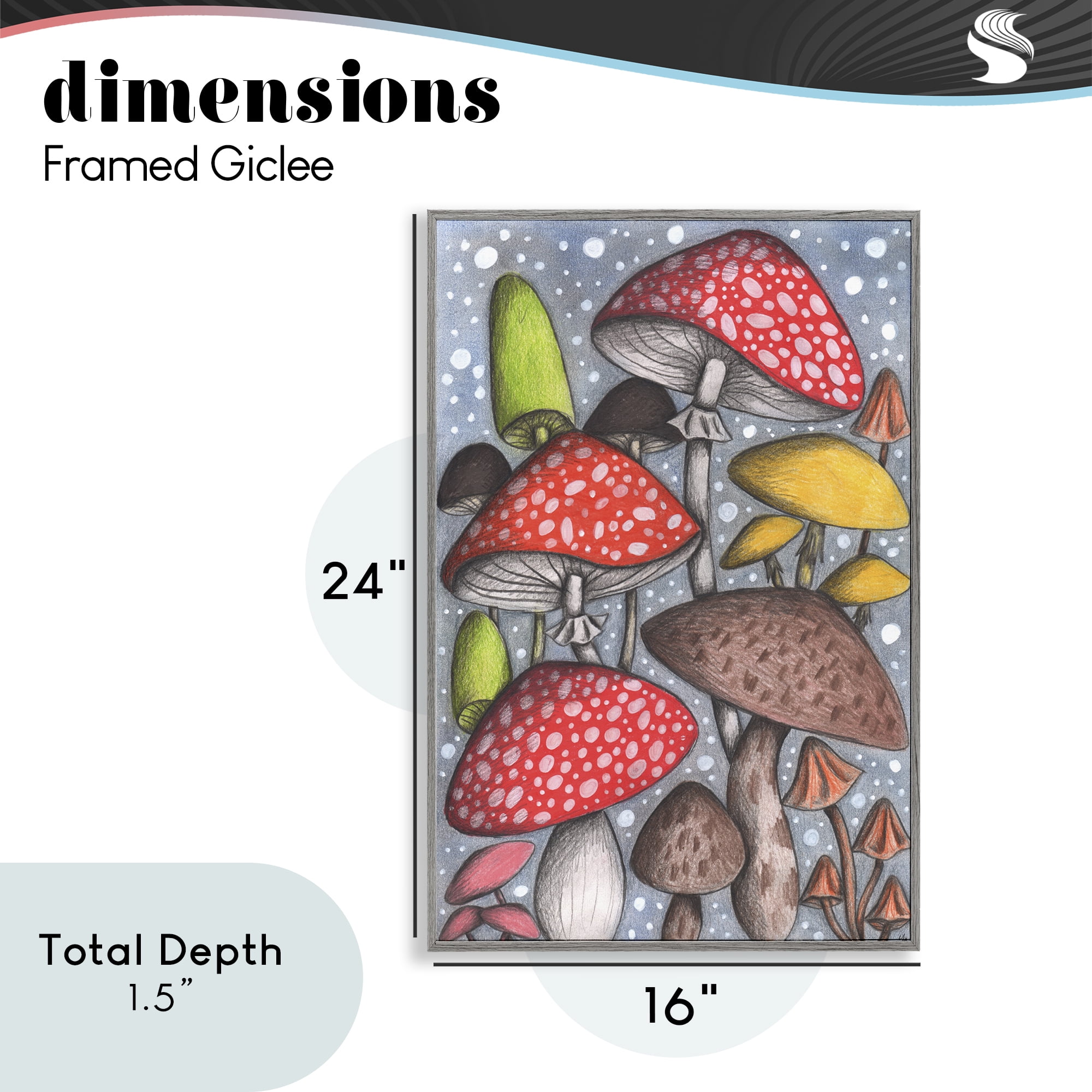 Sketched Magical Mushrooms Gray Framed Giclee Art, design by Cecilia Battaini