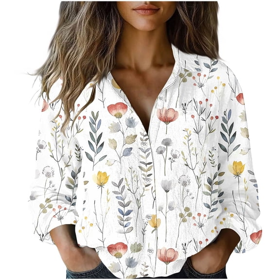 WRKEKC Long Sleeve Tops for Women Vintage Print Button Front Collared Shirt with Colorful Pattern and Lightweight Breathable Cotton Fabric