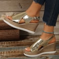 thumbnail image 6 of Chunky Heels for Woman, Women's Open Toe Buckle Ankle Strap Espadrilles Flatform Wedge Casual Sandal Crisscross Band Platform Espadrille Wedges Casual Sandal Stylish High Heel Dressy Beach, Gold 6, 6 of 8