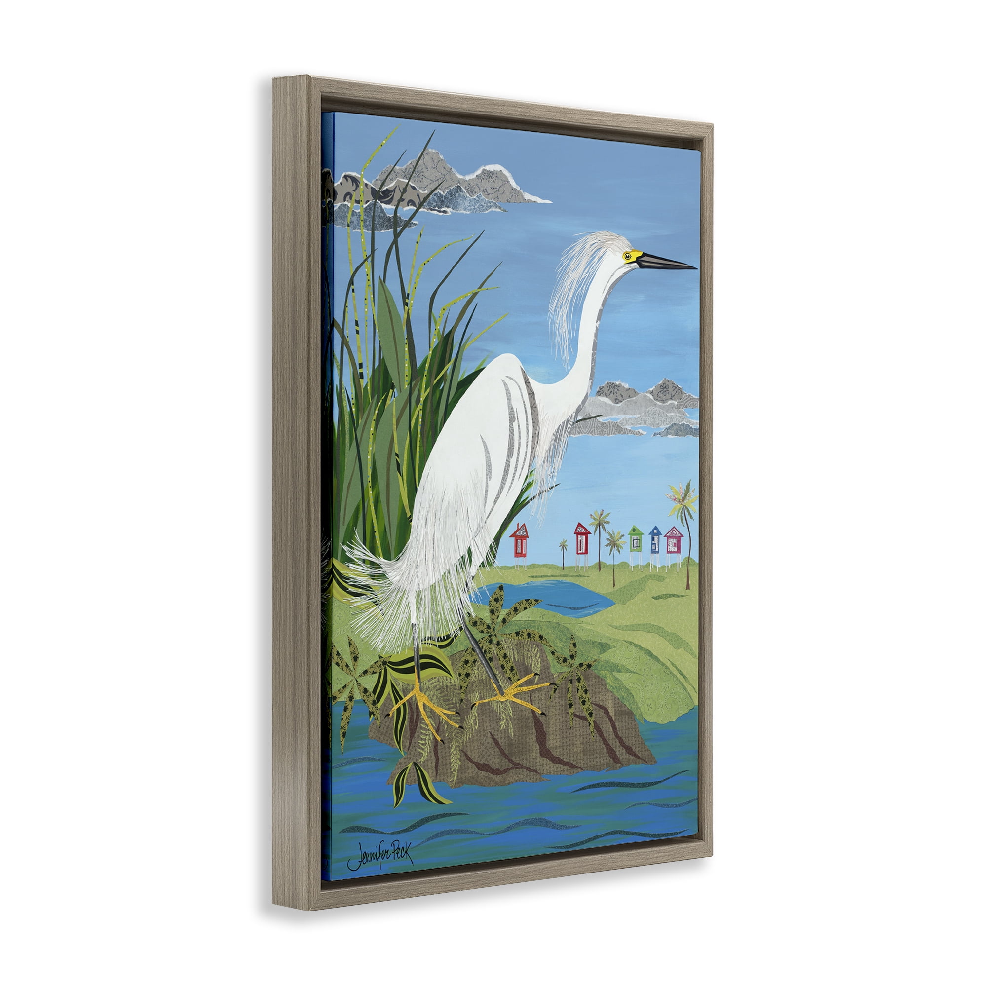 Stupell Industries Egret Perched on Shore Animals & Insects Painting Brown Floater Framed Canvas Art Print Wall Art, 21 x 31