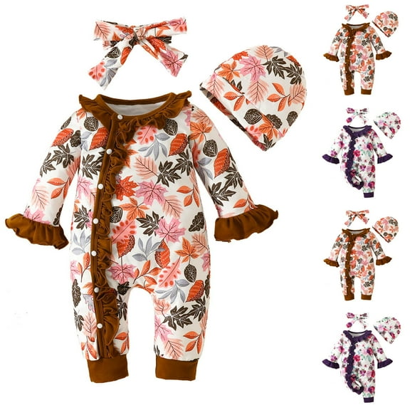 THDHVS Girls Romper,Newborn Girl Clothes,Infant Girl Clothes 3-Piece Flower Print Romper Set with Bow and Hat Brown 6-9 Months