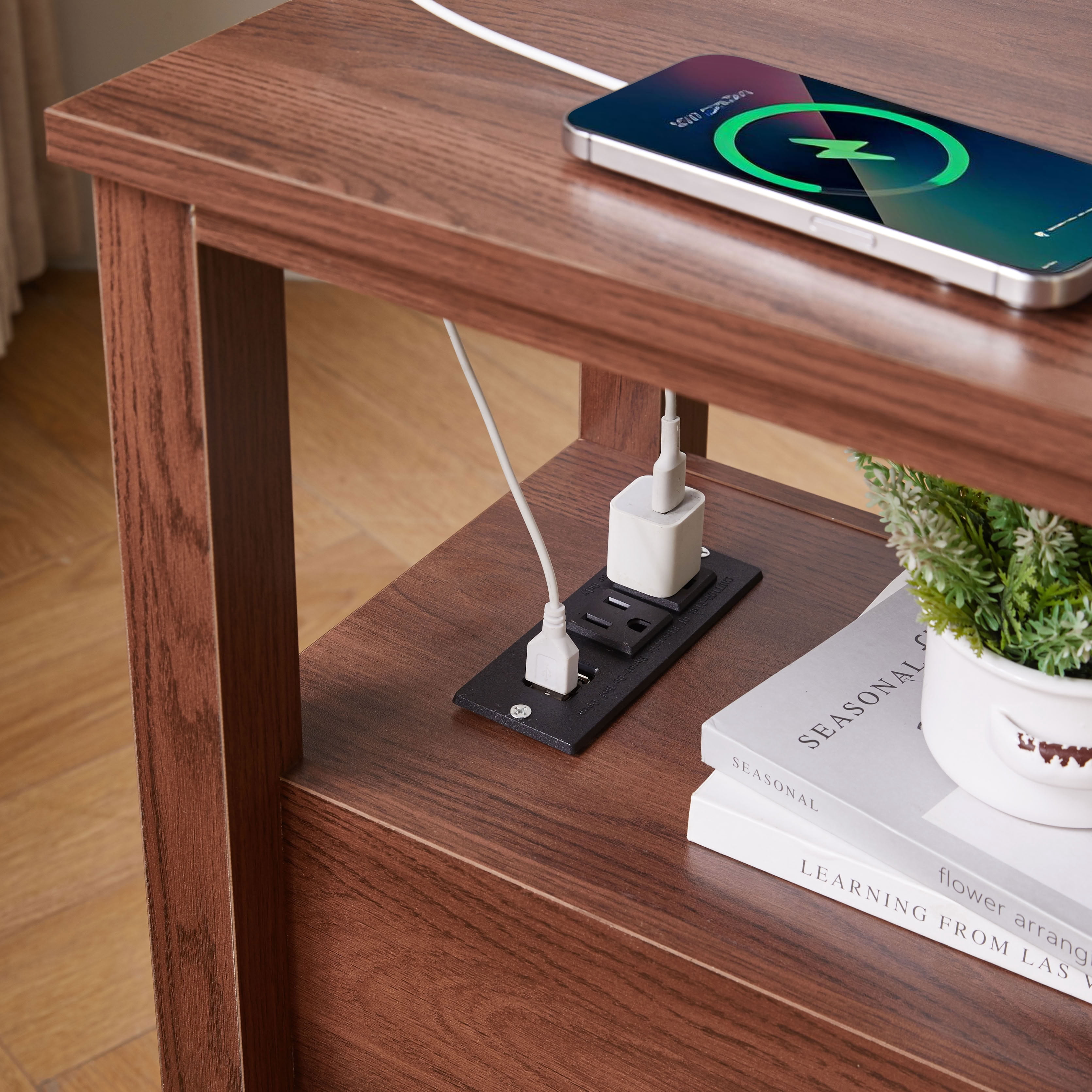 MAYEERTY Narrow End Table with Charging Station, Modern Side Table with 2 Drawers and Open Shelf, USB Ports, for Living Room Bedroom Small Spaces