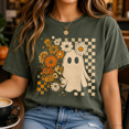 thumbnail image 3 of Floral Ghost Halloween T-Shirt, Retro Daisy Checker Graphic Tee, Comfort Colors Spooky Season Fall Apparel Gift for Women - Moss, 3XL, 3 of 5