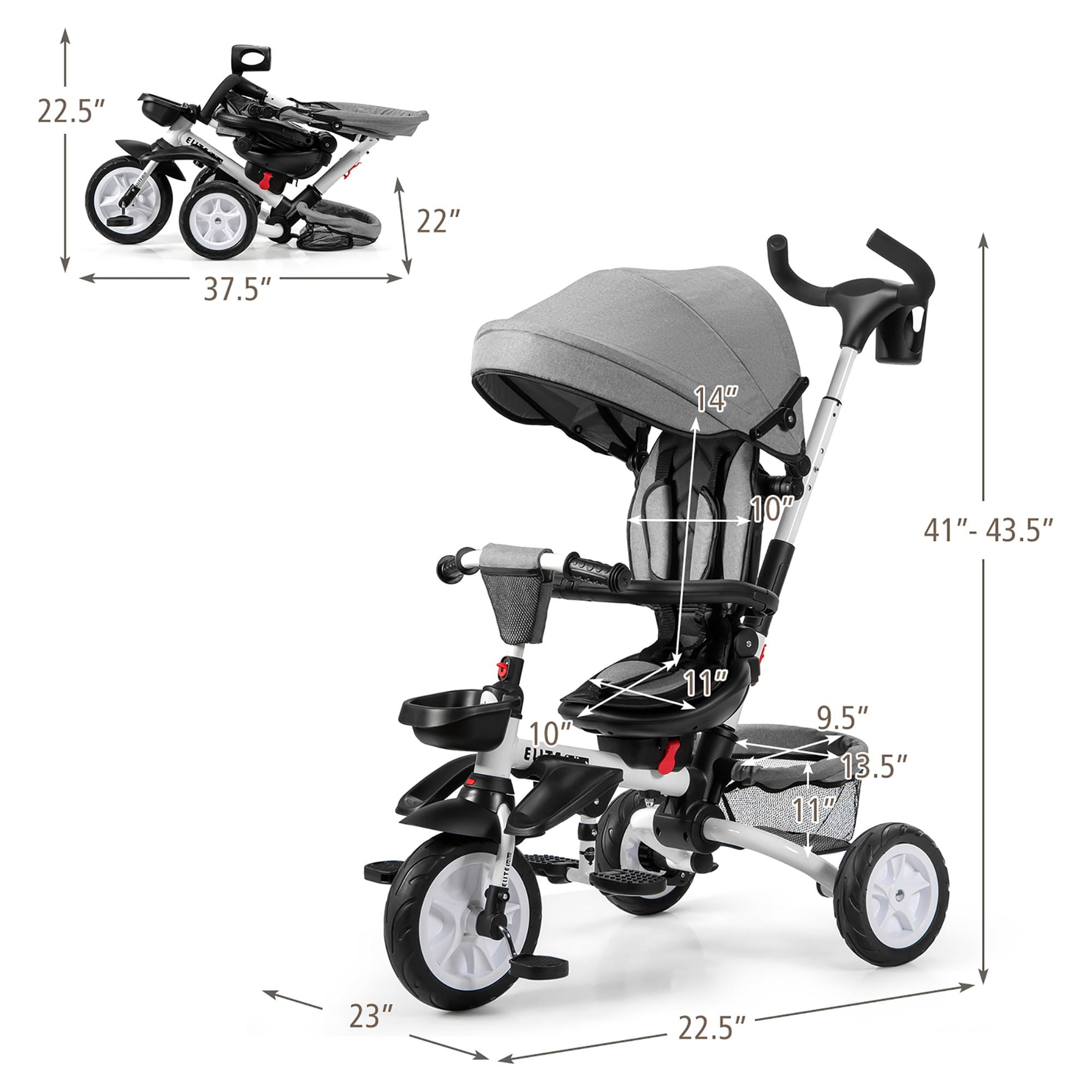 Tricycle Evolutif pour Enfant 6 en 1 Siège Twist 360°avec Housse de Pluie  pour Bébé de 12 à 50 Mois Noir et Gris - Costway