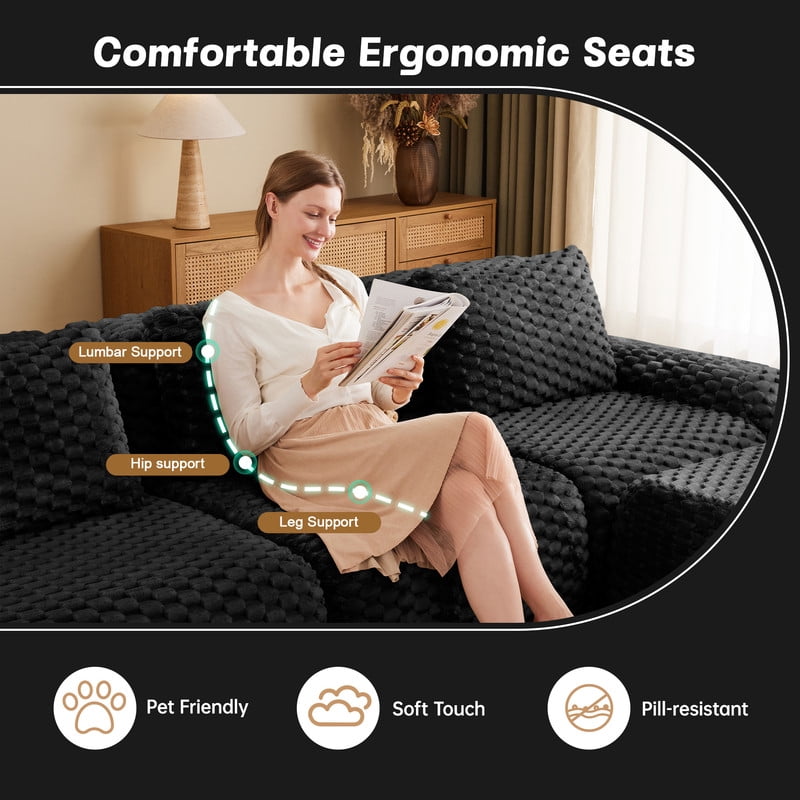 146" Modern U-Shaped Modular Sectional Sofa for Living Room,Flannelette Fabric,Oversized 4-Seater Couch,boneless sofa ,Movable Ottoman,Buckle connection,Anti-slip Design,No Assembly,Black