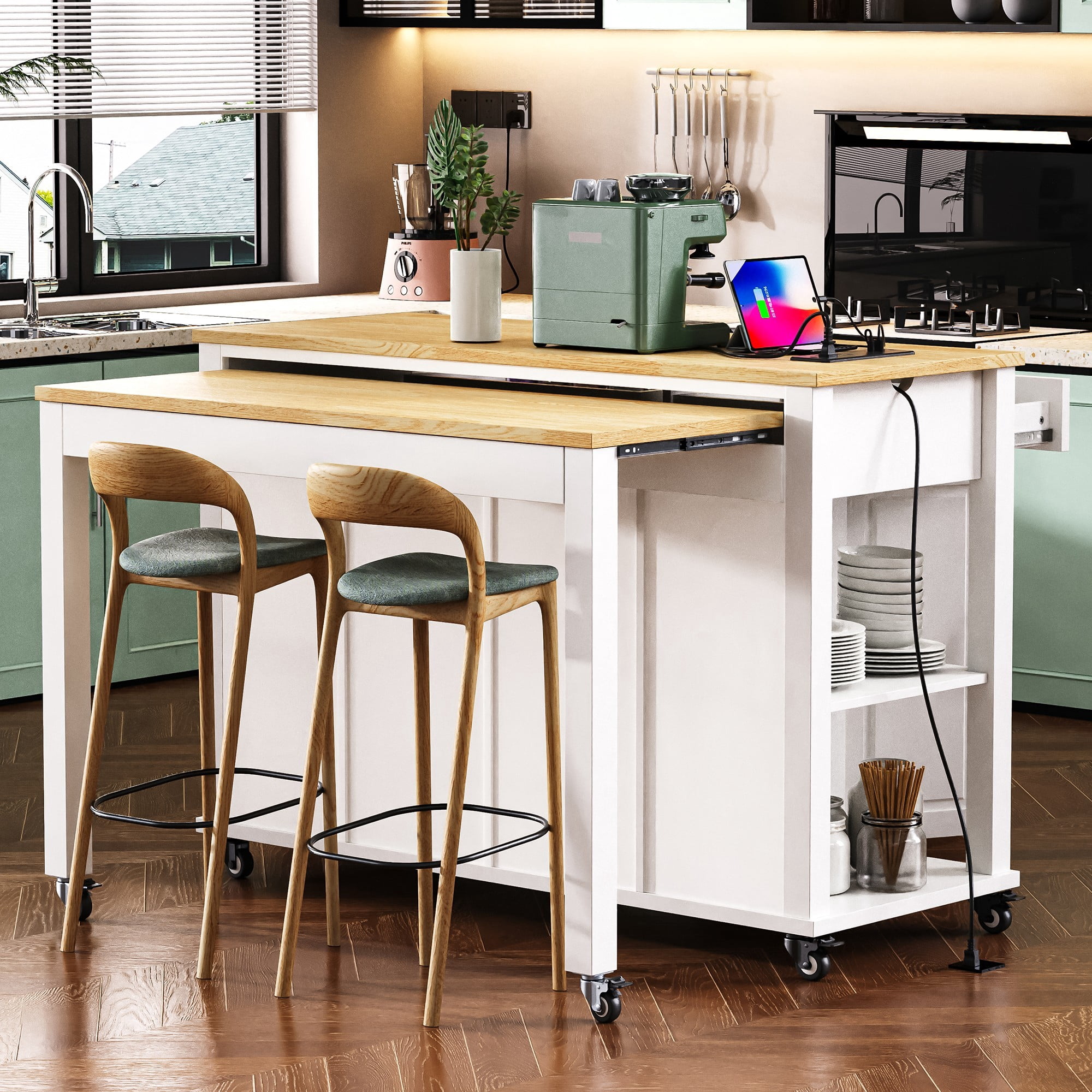 Leumius 47 In Kitchen Island with Extendable Dining Table, Rubber Wood Veneer Kitchen Table with Internal Storage Rack, Power Outlet, Kitchen Island with Storage 2 Drawers 2 Cabinet,White