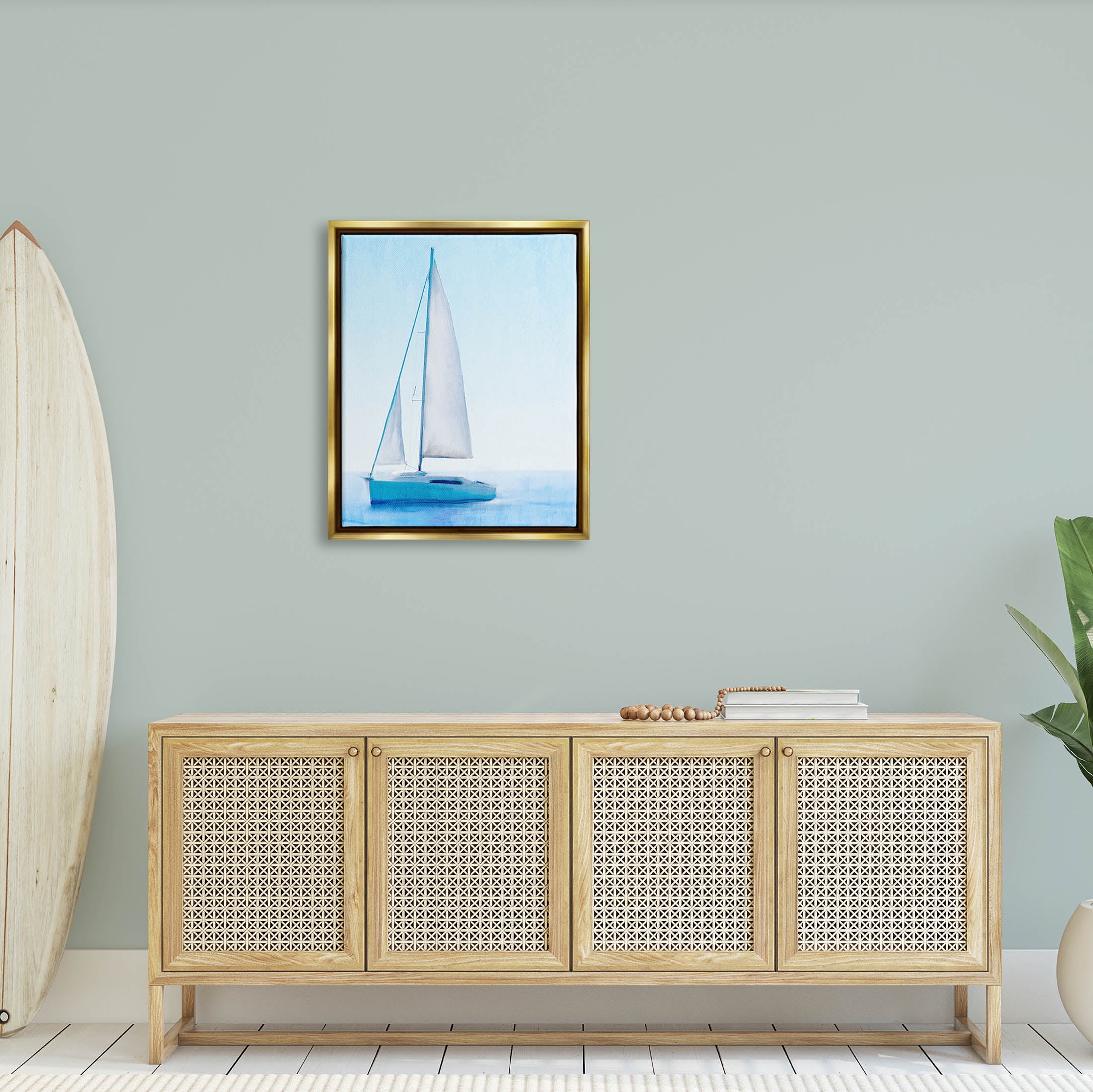 Stupell Industries Sailboat Drifting Blue Ocean Sky Graphic Art Metallic Gold Floating Framed Canvas Print Wall Art, Design by Kim Allen