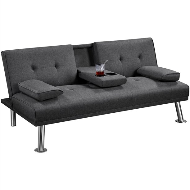 Topeakmart Convertible Tufted Fabric Futon Sofa Bed with 2 Cup Holders, Gray