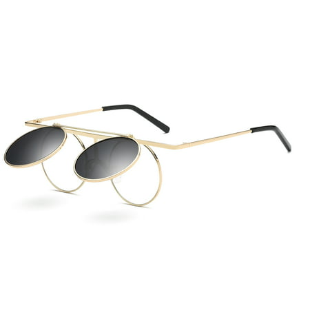 Cyxus 70’s Steampunk Retro Round Polarized Sunglasses with Flip Cover Lens, Anti Glare UV400(Gold/Gray)