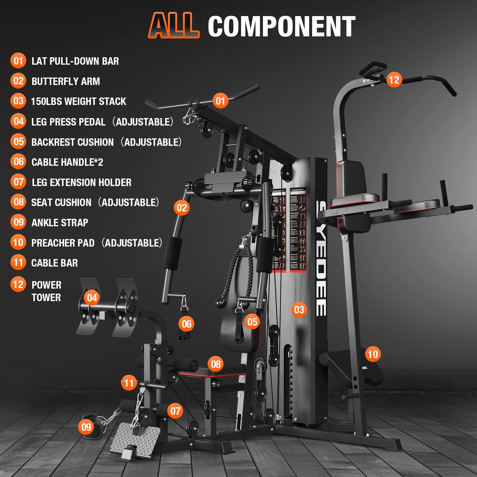 Syedee Home Gym Station, Workout Station With 150LBS Weight Stack, Home Gym Equipment With Power Tower for All Body Training