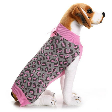 Pink Leopard Pet Dog Puppy Cute Clothes Puppy Winter Sweater Bowknot