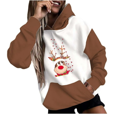 

Bospose Christmas Vacation Shirt Long Sleeve Shirt Women Corset Top Brown Top Print Hood Color Matching Sweater Sweater Colorblock Sweatshirt Sweater L