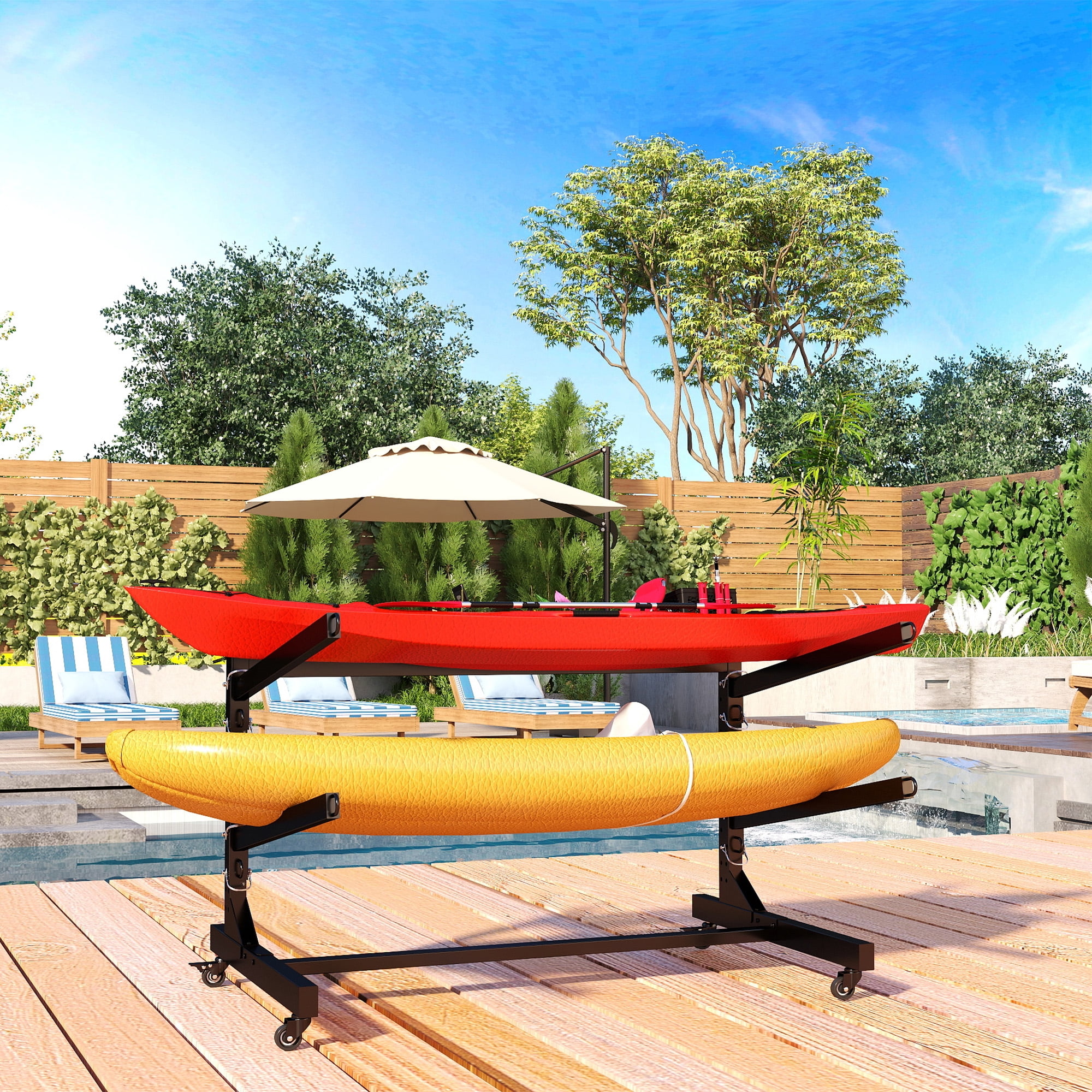 Kayak Storage Rack, Heavy Duty Adjustable Stand for Kayaks/Canoes/Surfboards/Paddleboards, Space Saving Kayak Rack, Wide Anti-Tip Base, Sturdy Metal Frame for Indoor Outdoor Garage Storage