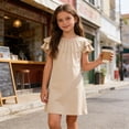thumbnail image 2 of FAIWAD Girls Ruffle Sleeve Dress Kids Summer Crew Neck Pleated Front Casual Dress Solid Color A Line Sundress, 2 of 9