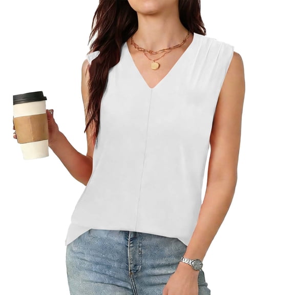 Womens V Neck Pleated Sleeveless Blouse Loose Fitting Casual Office Tank Tops for Work Travel White L