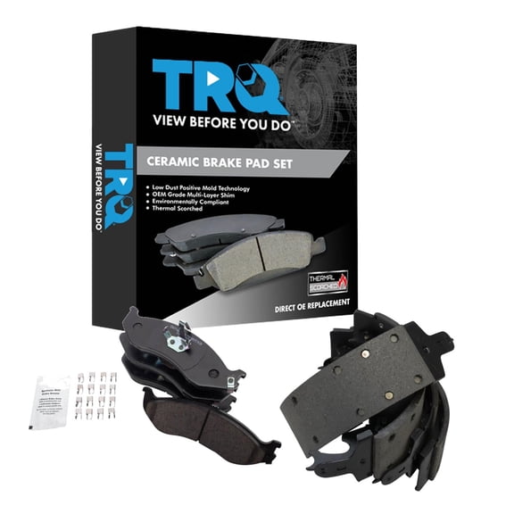 TRQ Front and Rear Brake Pads Ceramic Hardware Fits 1990-2001 Jeep Cherokee 1990-1992 Comanche 1994-1996 Grand Cherokee 1990 Wagoneer 1990-2000 Wrangler