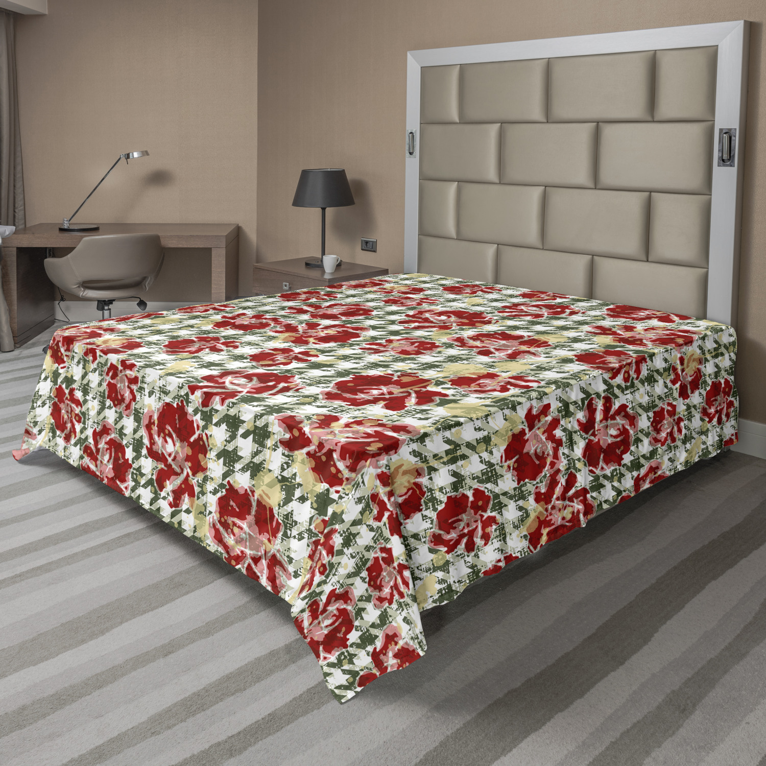 Floral Flat Sheet, Vintage Classic with Scottish Houndstooth Vivid Rose Florets Feminine Pattern