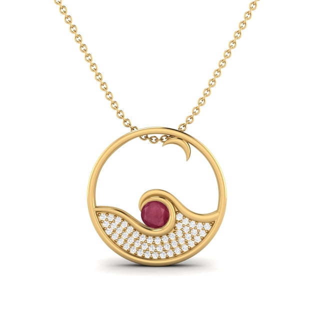 Collier Chaîne Tourbillon pour Femmes en Argent Sterling 925 Vermeil Or avec Vague Ronde de 4 mm Remplie de Verre Rubis et Cercle Ouvert