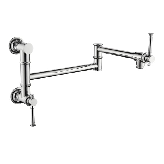 Izzovium Wall Mount Pot Filler Faucet, Modern Brass Swing Arm with Two-Attachment Design, Chrome Finish, 15.5in Length, 11.8in Width, 2in Height