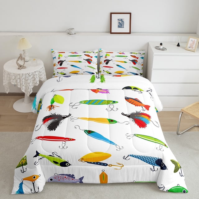 Erosebridal Ensemble de Couette Simple à Motif de Pêche Cartoon, Couette en Duvet à Hameçon de Poisson, Enfants Ados, Réversible 2 Pcs