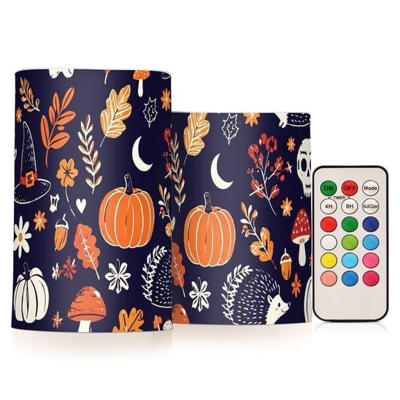 Hand-drawn Pumpkin Ghost Maple Leaves Flameless Candles Flickering with Remote and Timer Battery Operated LED Pillar Candle Set of 2