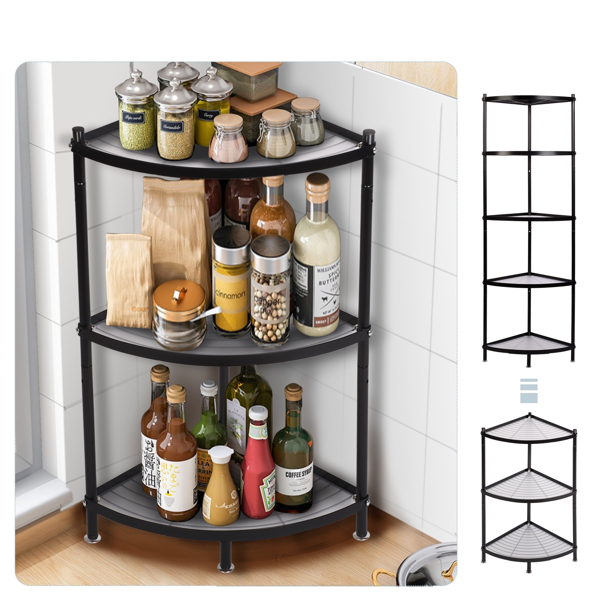 petoto 5-Tier Kitchen Pot Rack Stand Metal Wire Corner Shelf Rack Multi-Layer Storage Organizer Space Saving Storage Rack for Living Room, Office, Kitchen, Black