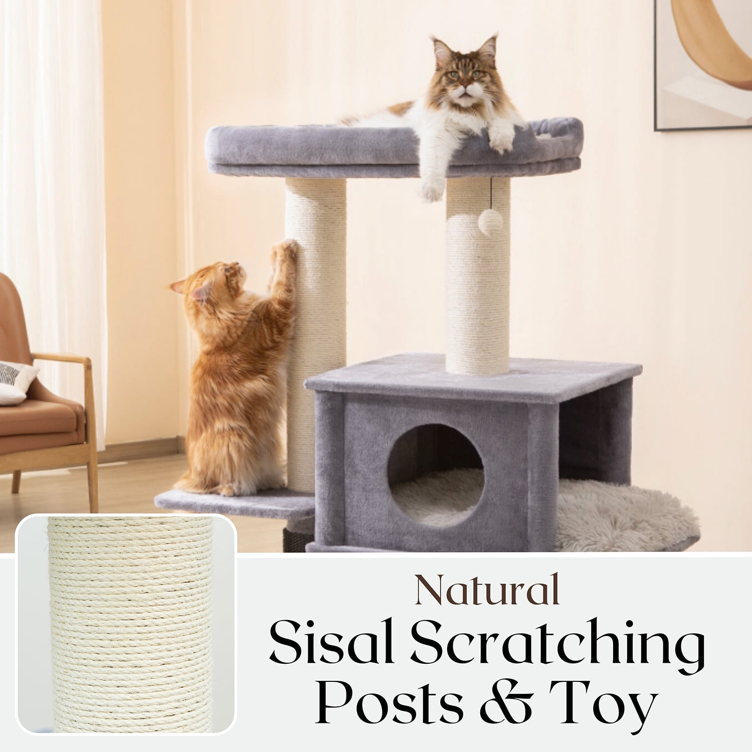 PetPals 57” Grand Maine Coon™ Cat Tree with Large Condo, Sisal Scratching Posts, Top Bed for Big Cats, Grey
