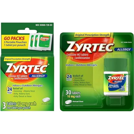 Zyrtec 24 Hour Allergy Relief Tablets, Bundle with 1 x 30ct and 3 x 1ct Travel Packs