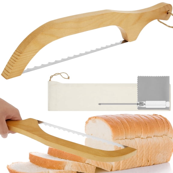 Sourdough Bread Knife, 15.7" Wooden Bread Bow Slicer with Serrated Stainless Steel Blade and Storage Bag