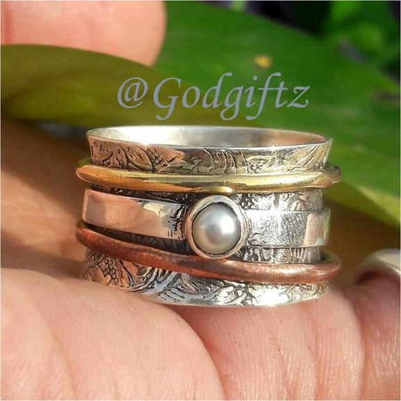 Sterling Silver Pearl Spinner Ring: Boho Meditation Worry Thumb Ring
