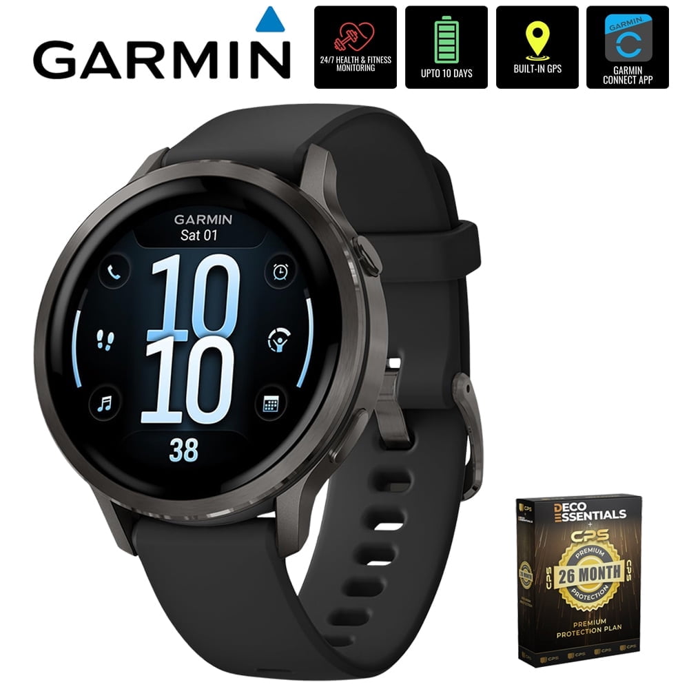 Garmin 010-03013-02 Venu 4, 41 mm Health & Fitness GPS Smartwatch, Slate with Black Silicone Band Bundle with Deco Essentials Exclusive 26 Month CPS Enhanced Protection Pack