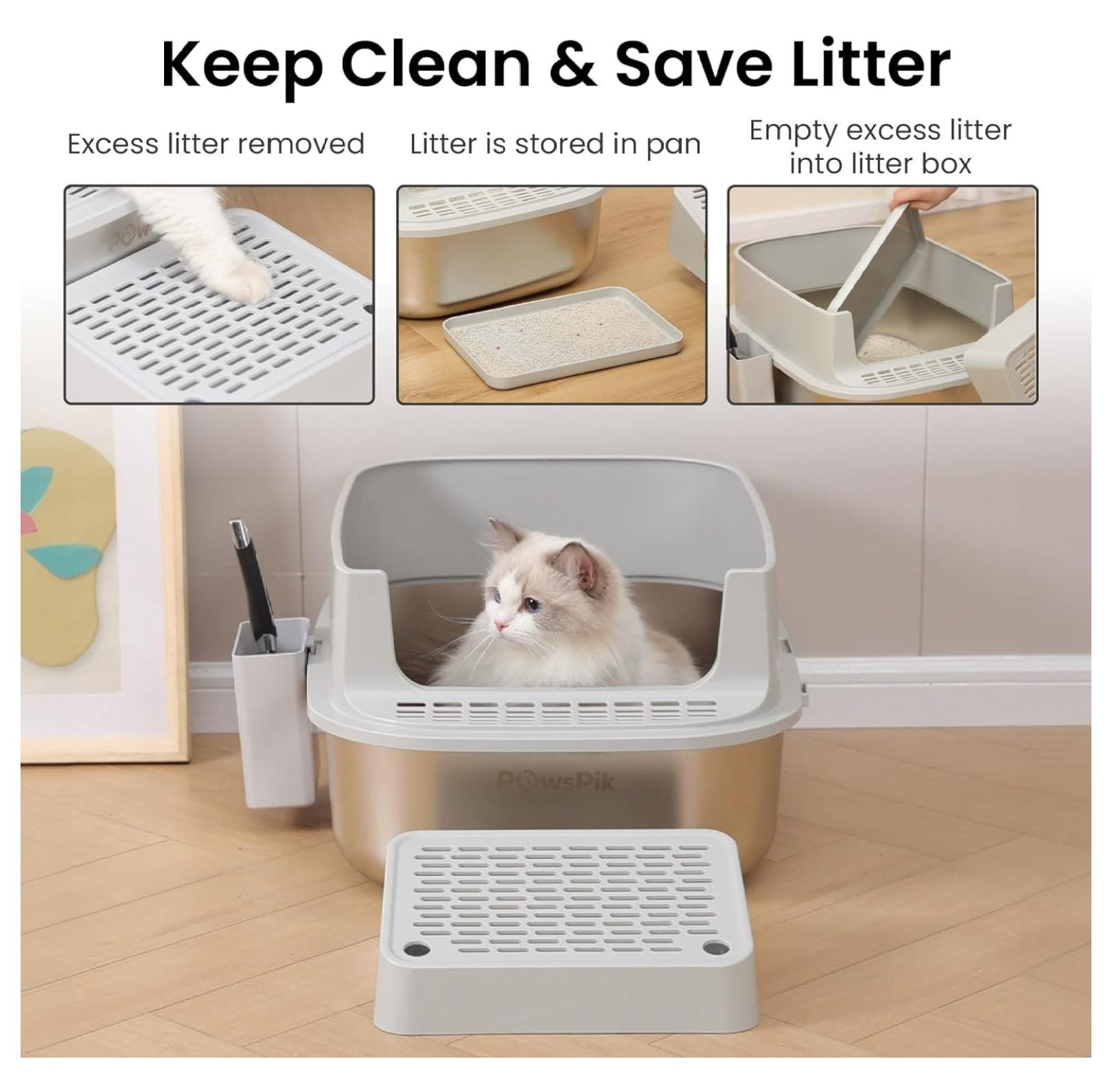 Enclosed XL Stainless Steel Litter Box with high Wall Sides, Leak-Resistant, Easy Cleaning, with Lid, Step, and Metal Scooper (Light Gray)