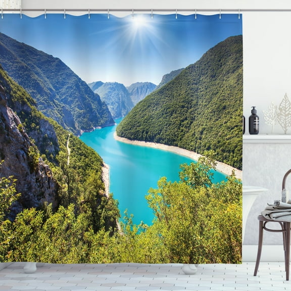 Ambesonne River Shower Curtain, Piva Canyon Montenegro, 69"Wx84"L, Forest Green Sky Blue