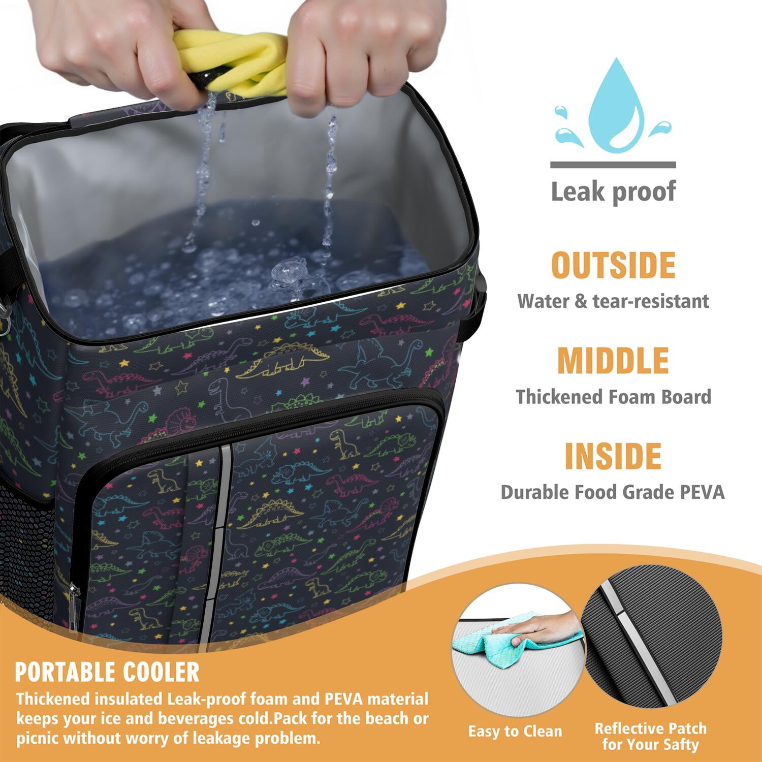 Travel Cooler Bag - Colorful Doodle Dinosaurs Dark Pattern Camping Beer Cooler Backpack with Bottle Opener- Waterproof Insulated Picnic Backpacks - Cooler Bag for Beach
