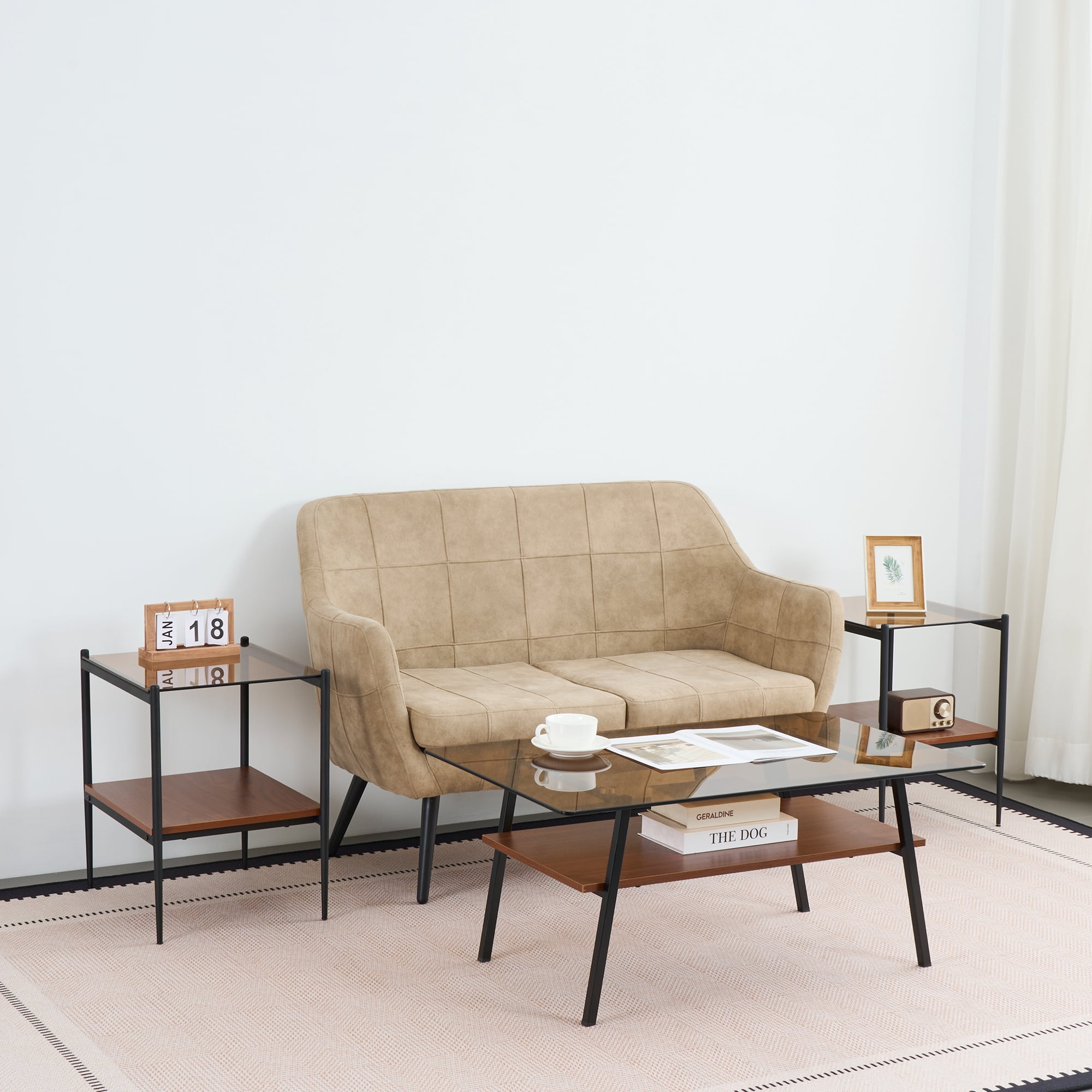 Euroco Rectangle Coffee Table, Tempered Glass Tabletop with Black Metal Legs, Modern Table for Living Room , Brown Glass