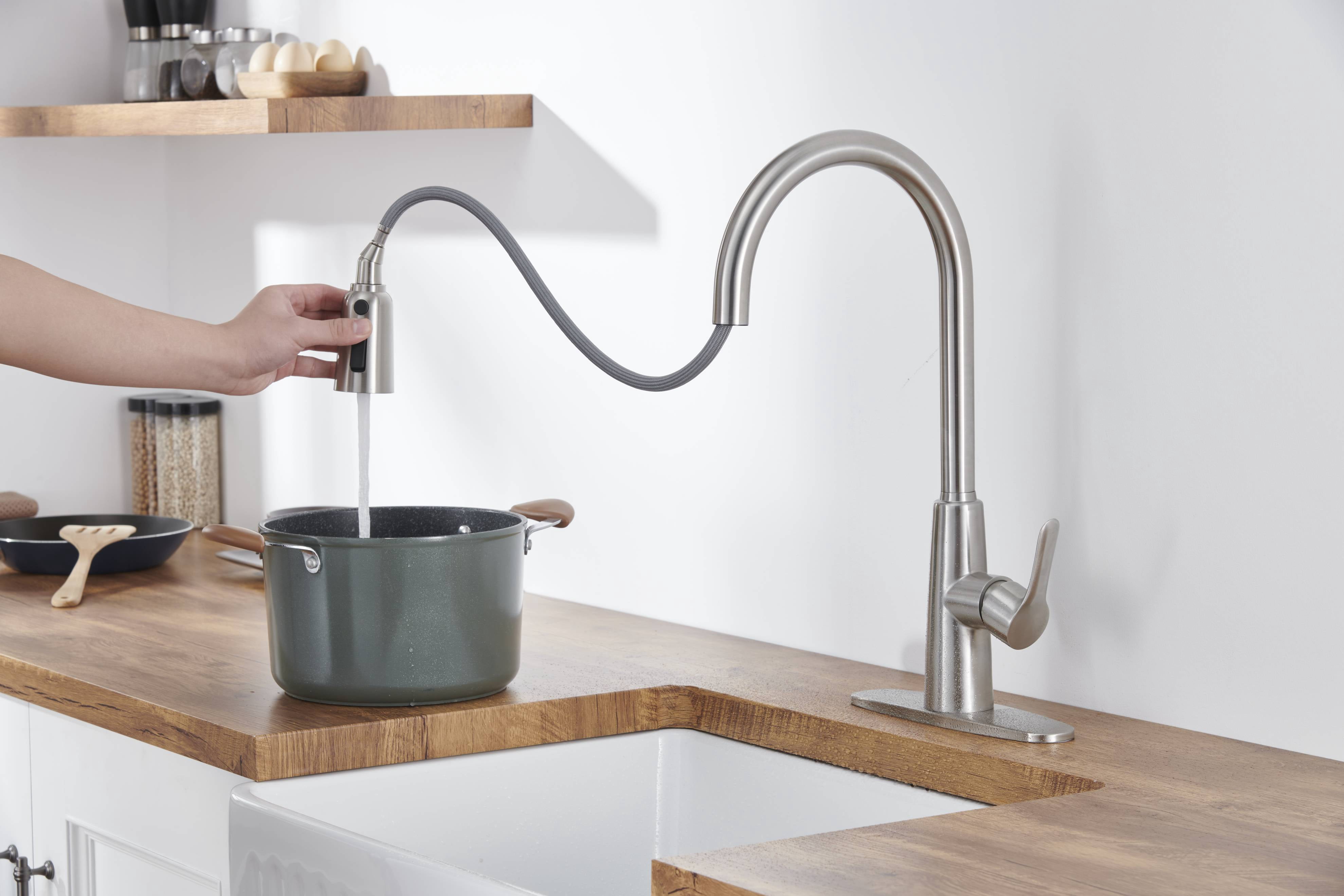 Izzovium Stainless Steel High Arc Kitchen Sink Faucet with Pull Out Sprayer, Brushed Nickel Finish, 3-Way Setting Single Handle, Deck Plate Included, Modern Design