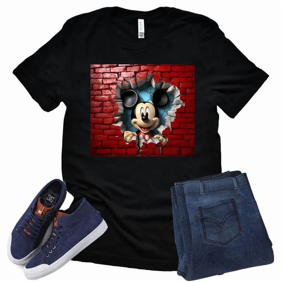 Mickey Breaking Red Brick Graphic T-Shirt (Black-2X Large)