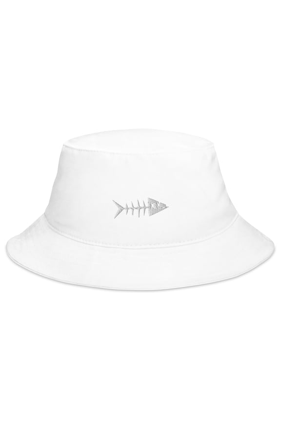 Adult Unisex Embroidered White Fish Cotton White Bucket Hat