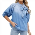 thumbnail image 1 of Camisa Vaquera de Cuello Alto con Botones y Lazo para Mujer, Mangas Abullonadas Elásticas, Corte Holgado, Top Corto de Mezclilla. Azul XL, 1 of 10