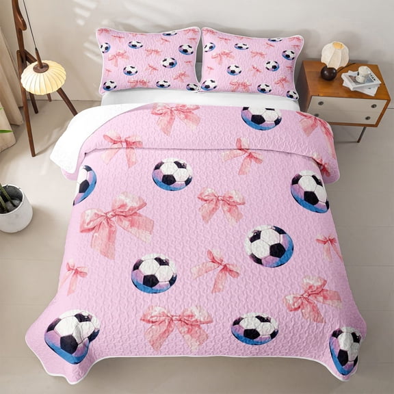 Manfei Pink Coquette Bow Twin Quilt Set For Girls,Kids Soccer Sport Game Twin Coverlet Set,2 Pieces
