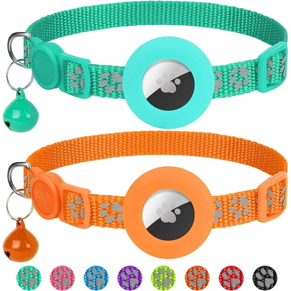 AirTag Cat Collar, 2 Pack Reflective Kitten Collar with Waterproof Air Tag Holder, Cute Boy Girl Cats Collars with Safety Breakaway Buckle and Removable Bell, Turq & Orange