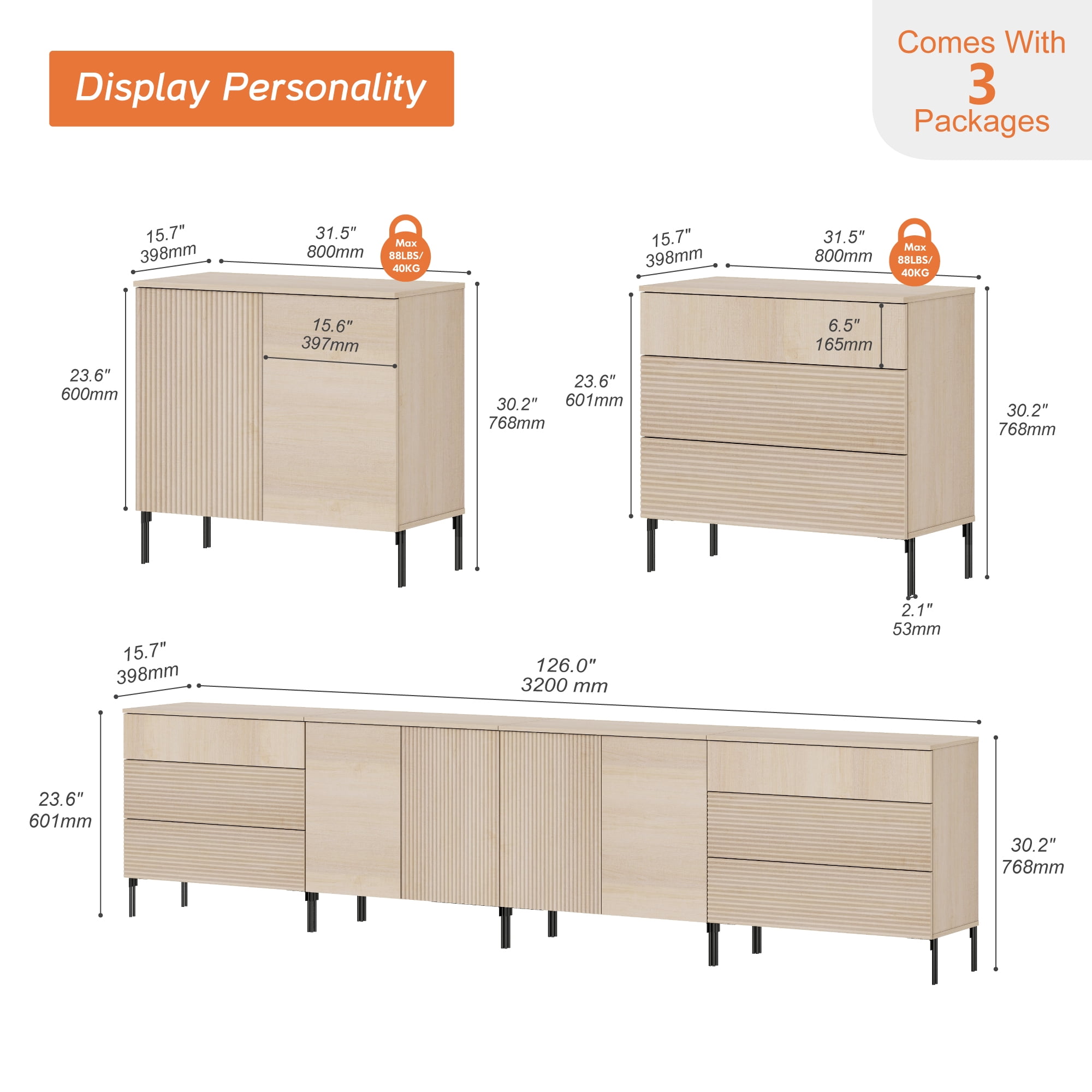 WAMPAT 126" TV Stand for TVs up to 120 Inch, Fluted Wood Media Console with 6 Drawers and 4 Doors, Push-to-Open Entertainment Center with Adjustable Shelves