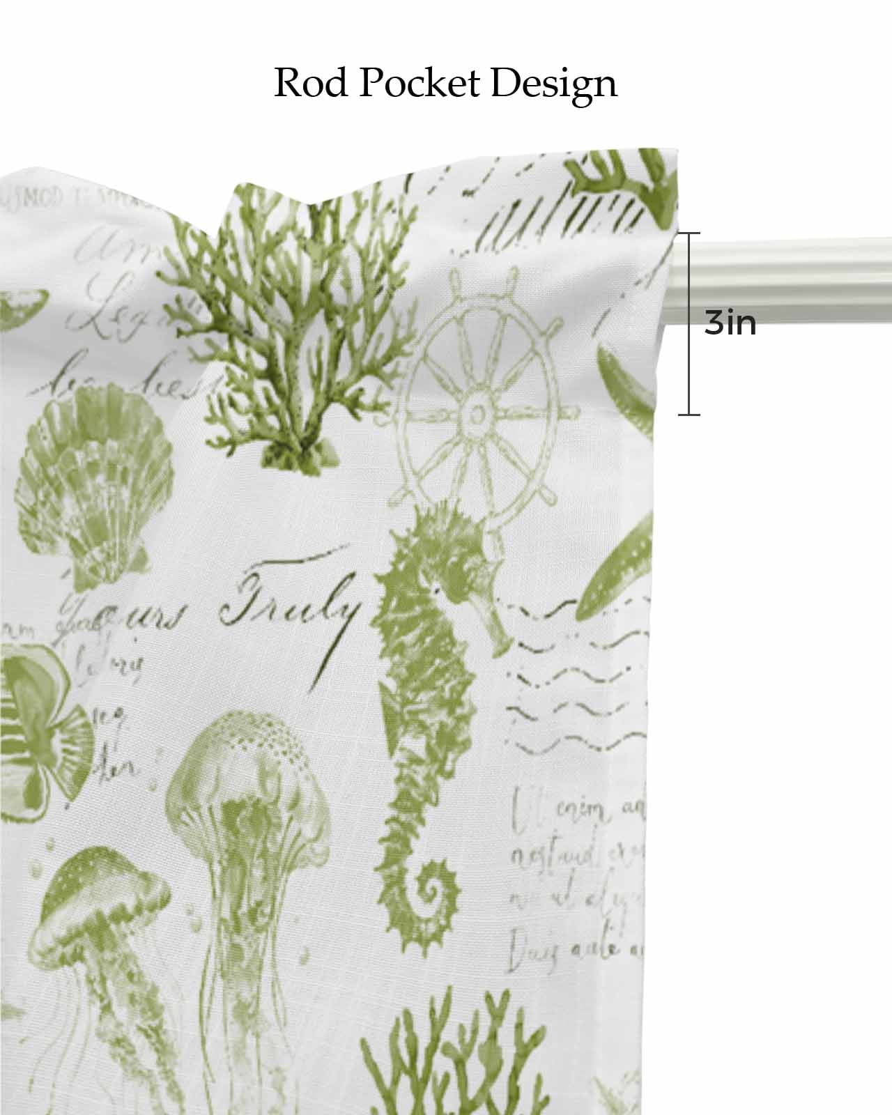 Sage Green Coastal Kitchen Valances for Windows Farmhouse Linen Window Valance Curtain for Living Room Window Treatment Starfish Jellyfish Fish Coral Shells Valance Rod Pocket Topper, 60 x 18 Inch