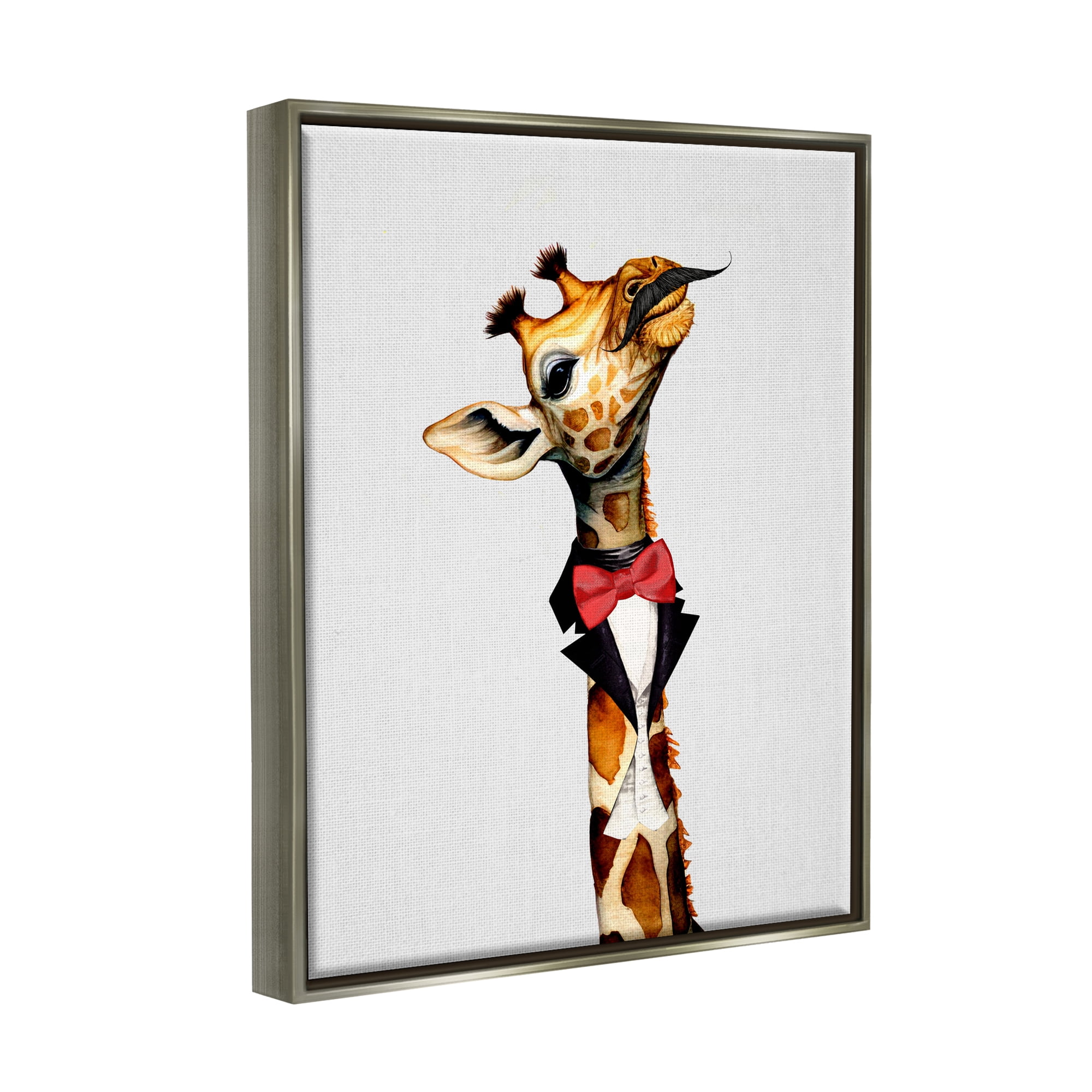 Stupell Industries Mustache Giraffe with Bowtie Animals & Insects Painting Gray Floater Framed Canvas Art Print Wall Art, 25 x 31