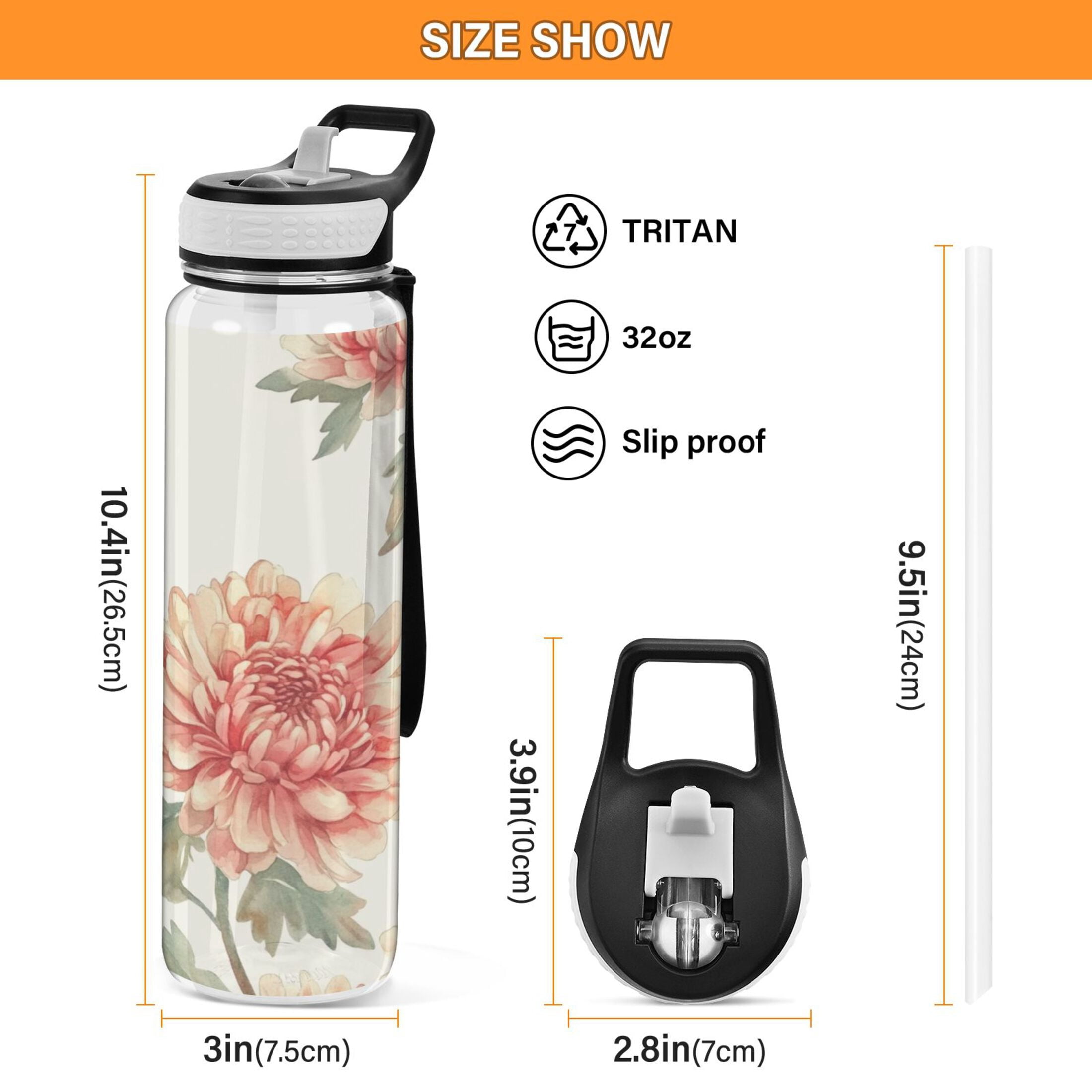 Sports Water Bottle 1000ML Tritan Food Grade Clear Water Bottle Fitness Outdoor Sports Bike Chrysanthemum Orange