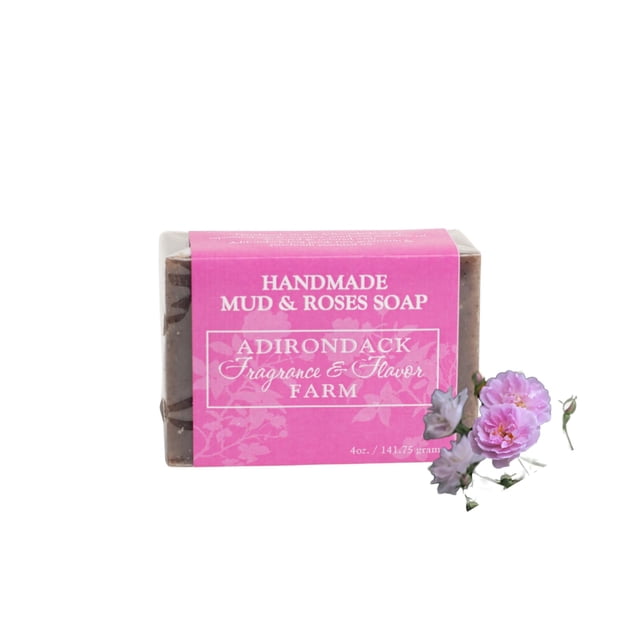Adirondack Fragrance & Flavor Farm ADK Barra de jabón natural de barro y rosas, 4 oz. Jabón corporal de aceite de oliva vegano hecho a mano para pieles secas y sensibles, hidratante para hombres, muj