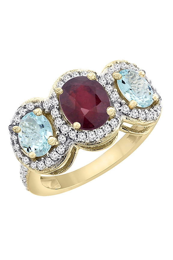 14K Yellow Gold Enhanced Ruby & Natural Aquamarine 3-Stone Ring Oval Diamond Accent, size 6